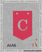 A taped needlepoint canvas with the design: Banner 13 mesh count Pointed C White on Red.