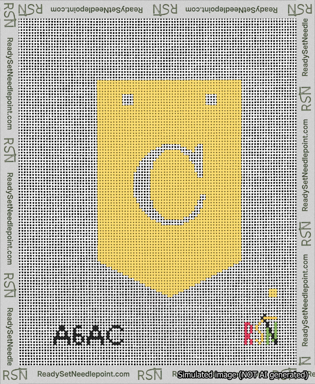 A taped needlepoint canvas with the design: Banner 13 mesh count Pointed C White on Yellow.