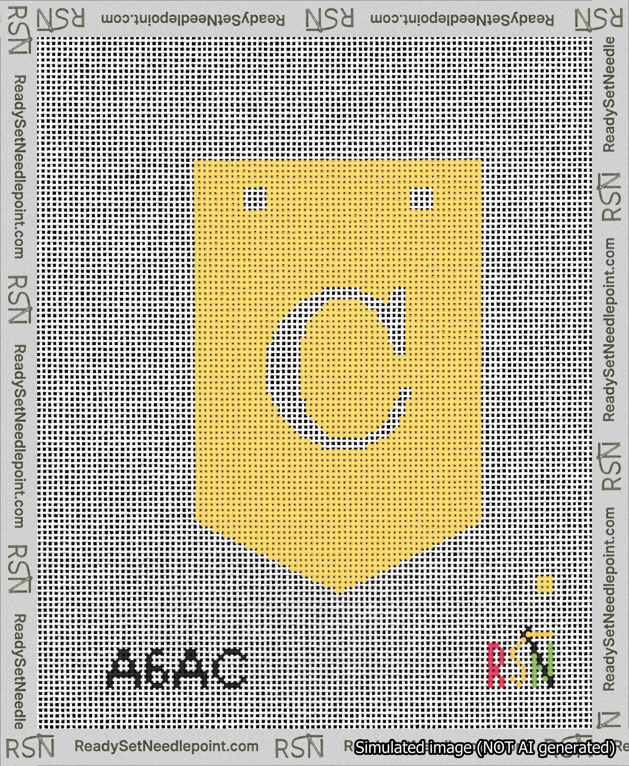 A taped needlepoint canvas with the design: Banner 13 mesh count Pointed C White on Yellow.
