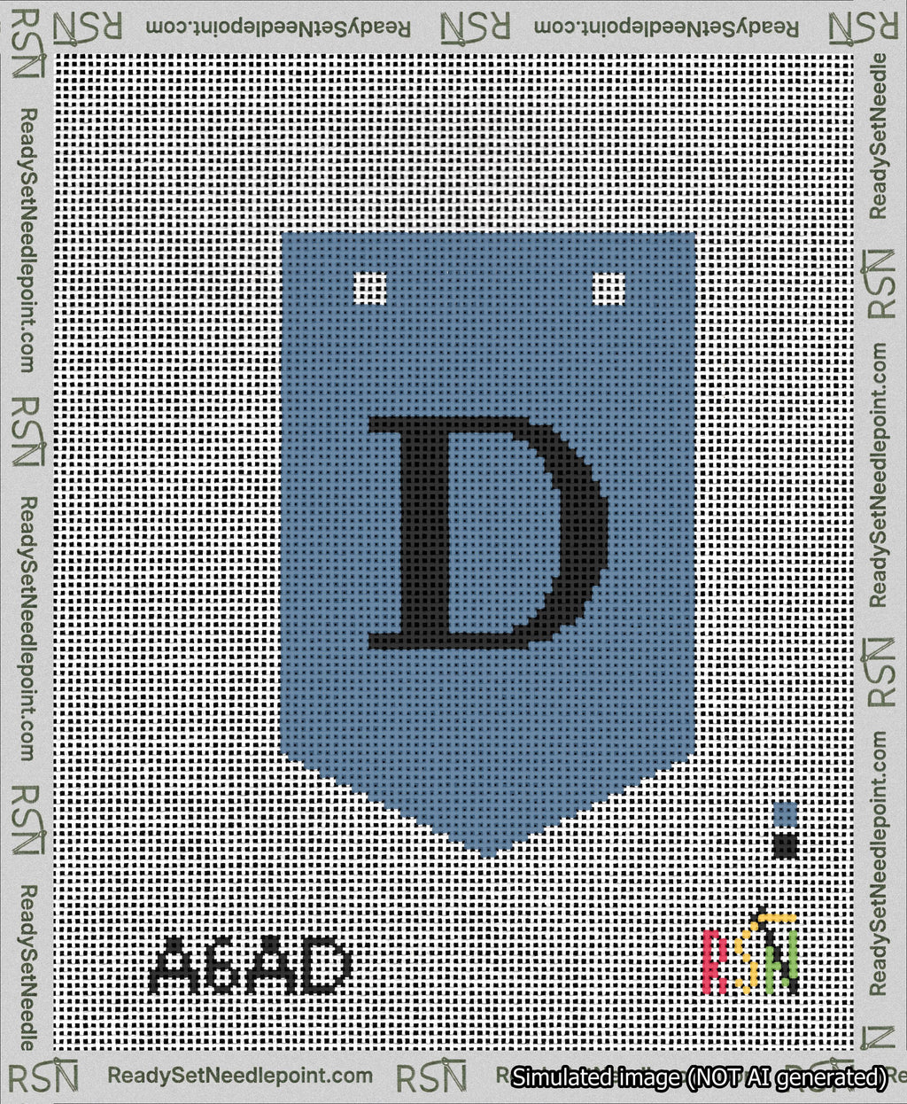 A taped needlepoint canvas with the design: Banner 13 mesh count Pointed D Black on Blue.
