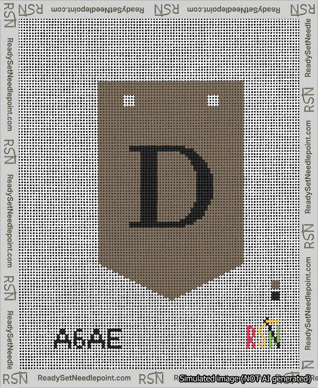 A taped needlepoint canvas with the design: Banner 13 mesh count Pointed D Black on Brown.