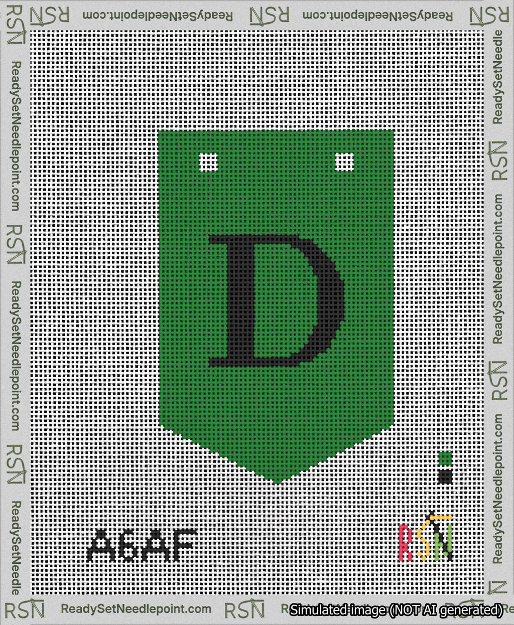 A taped needlepoint canvas with the design: Banner 13 mesh count Pointed D Black on Green.