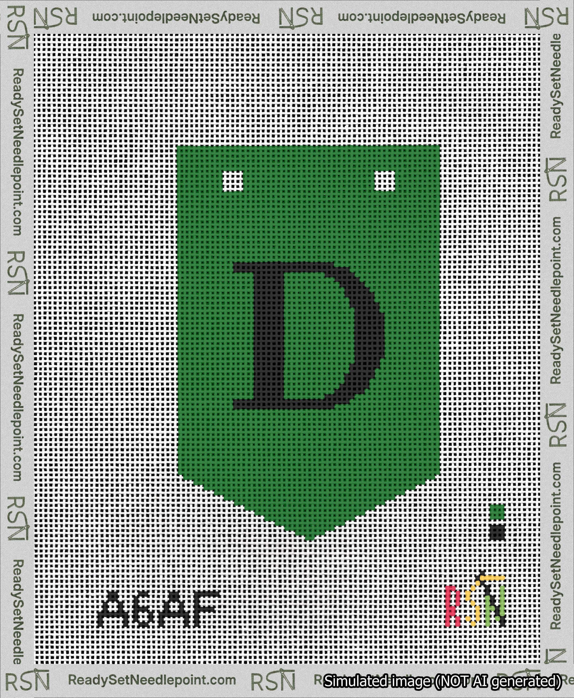 A taped needlepoint canvas with the design: Banner 13 mesh count Pointed D Black on Green.
