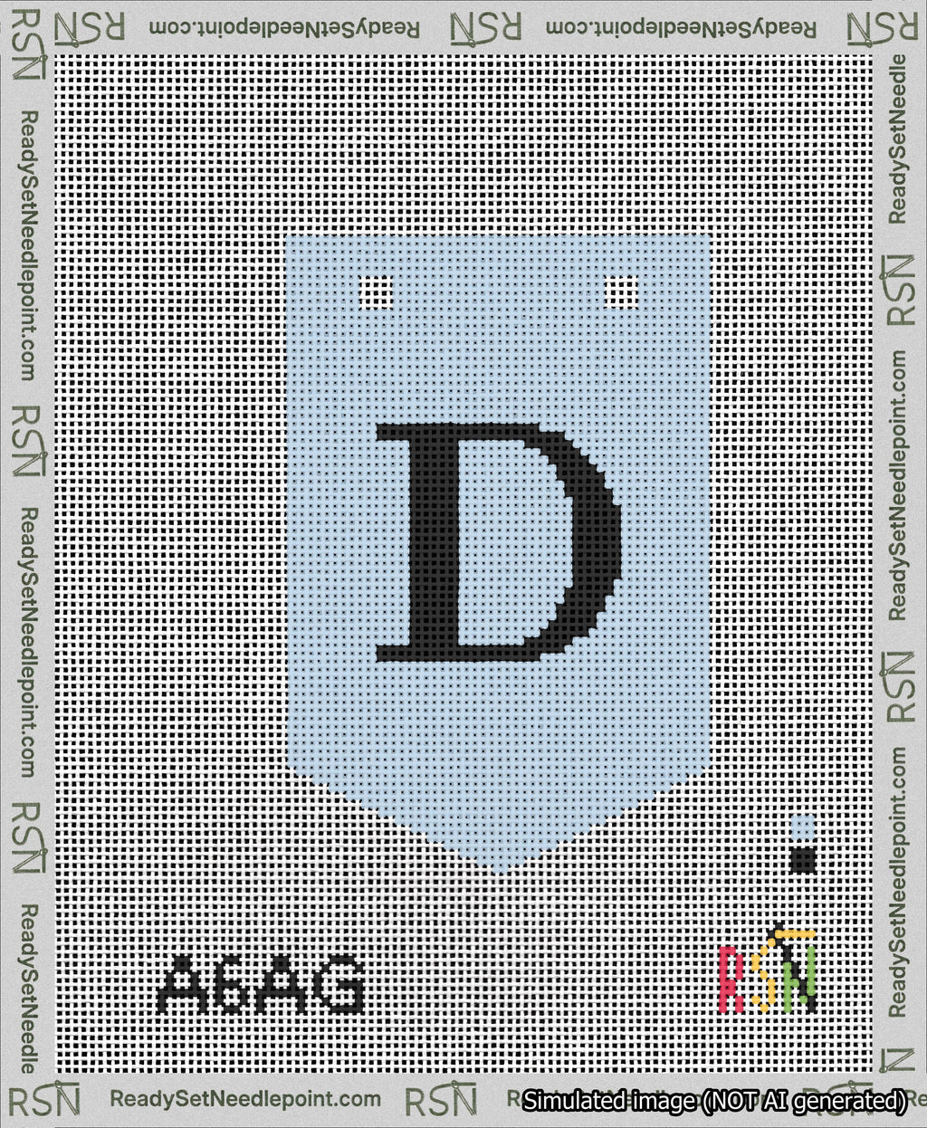 A taped needlepoint canvas with the design: Banner 13 mesh count Pointed D Black on Light Blue.