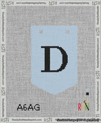 A taped needlepoint canvas with the design: Banner 13 mesh count Pointed D Black on Light Blue.