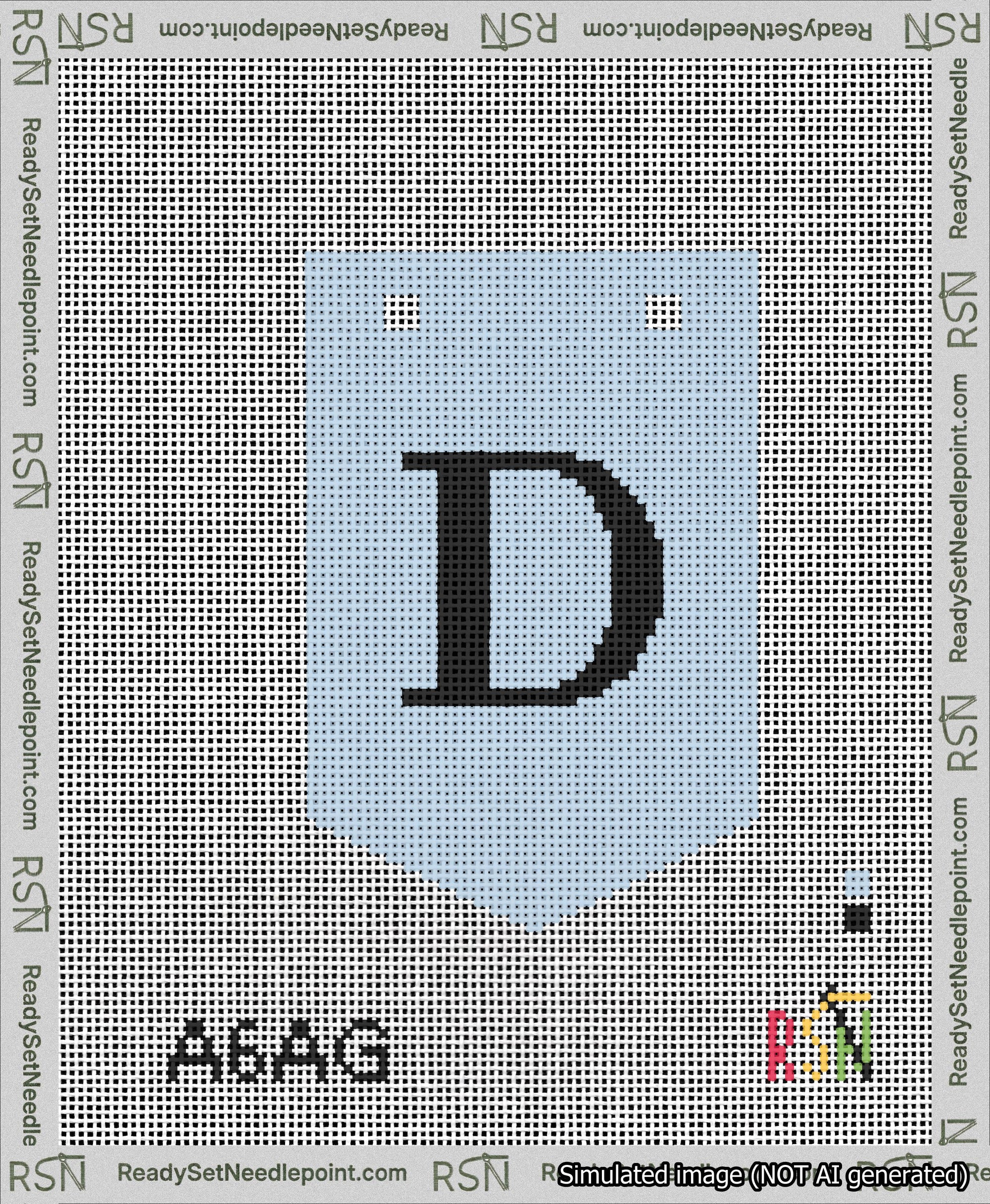 A taped needlepoint canvas with the design: Banner 13 mesh count Pointed D Black on Light Blue.