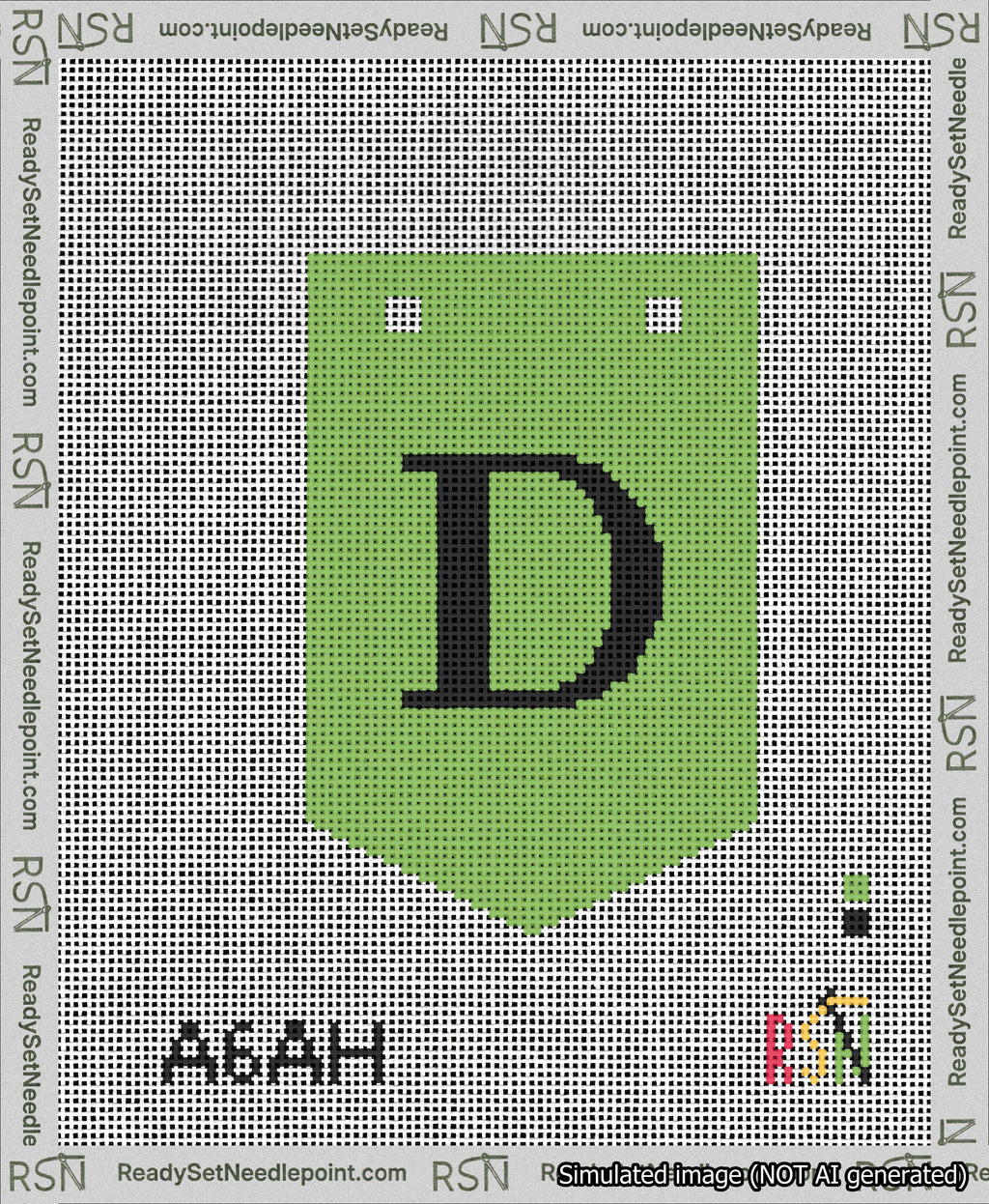 A taped needlepoint canvas with the design: Banner 13 mesh count Pointed D Black on Light Green.