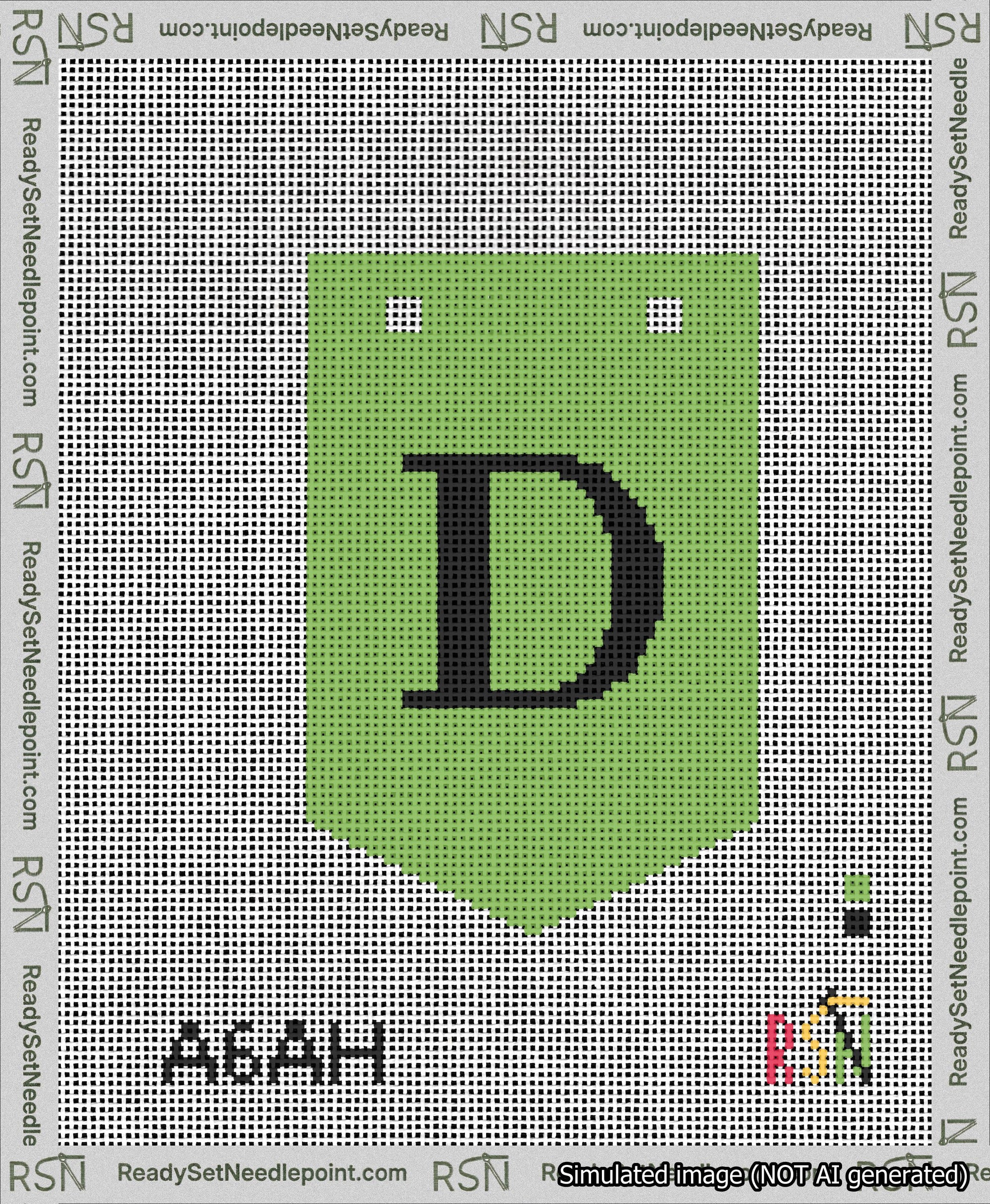 A taped needlepoint canvas with the design: Banner 13 mesh count Pointed D Black on Light Green.
