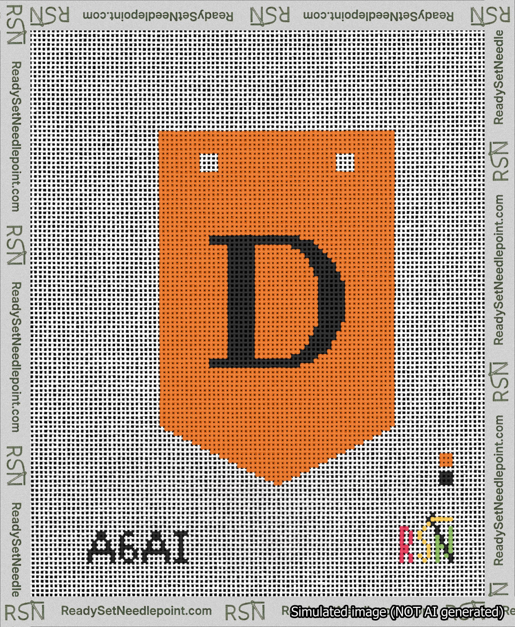 A taped needlepoint canvas with the design: Banner 13 mesh count Pointed D Black on Orange.