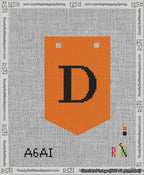 A taped needlepoint canvas with the design: Banner 13 mesh count Pointed D Black on Orange.