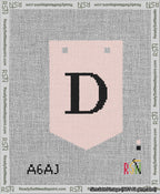 A taped needlepoint canvas with the design: Banner 13 mesh count Pointed D Black on Pink.