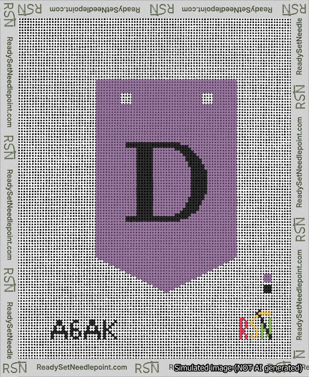 A taped needlepoint canvas with the design: Banner 13 mesh count Pointed D Black on Purple.