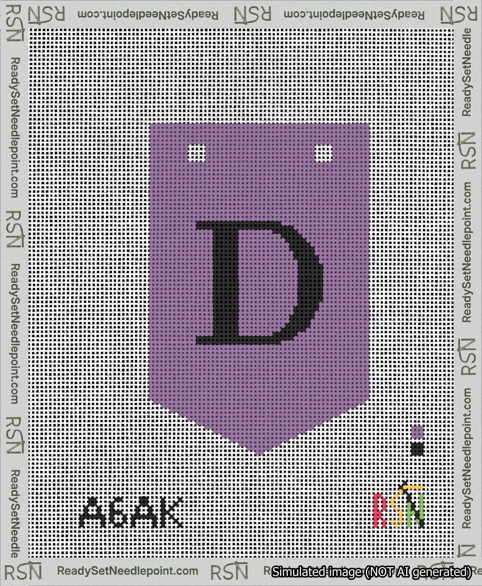 A taped needlepoint canvas with the design: Banner 13 mesh count Pointed D Black on Purple.