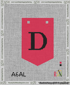 A taped needlepoint canvas with the design: Banner 13 mesh count Pointed D Black on Red.