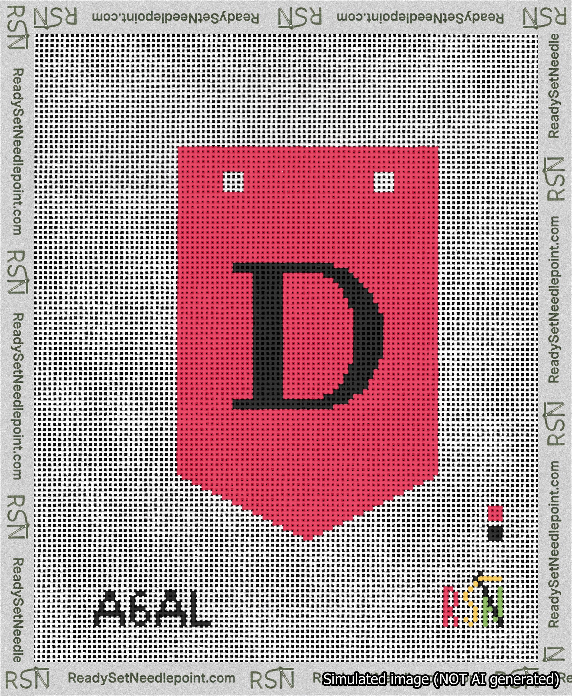 A taped needlepoint canvas with the design: Banner 13 mesh count Pointed D Black on Red.