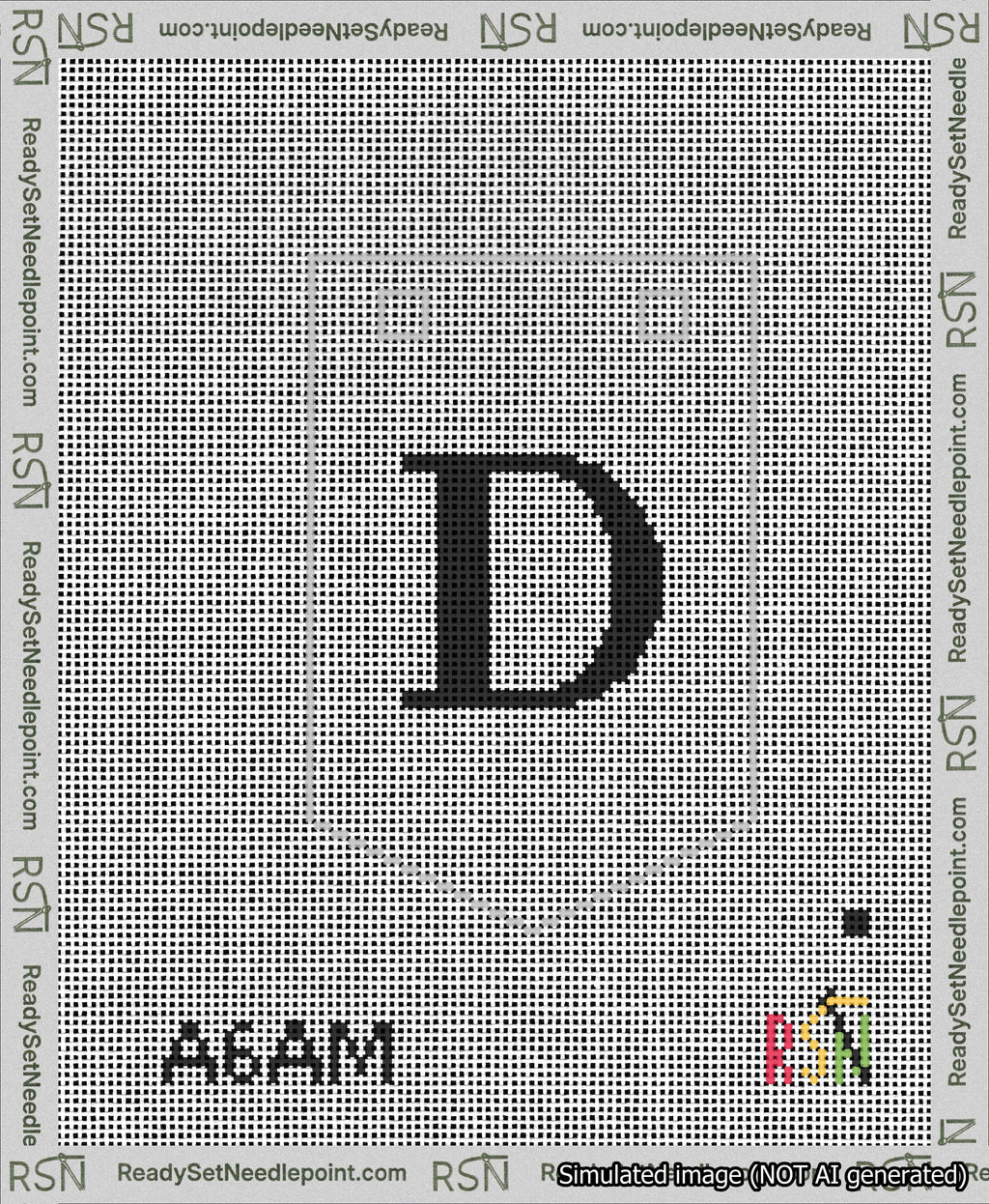 A taped needlepoint canvas with the design: Banner 13 mesh count Pointed D Black on White.