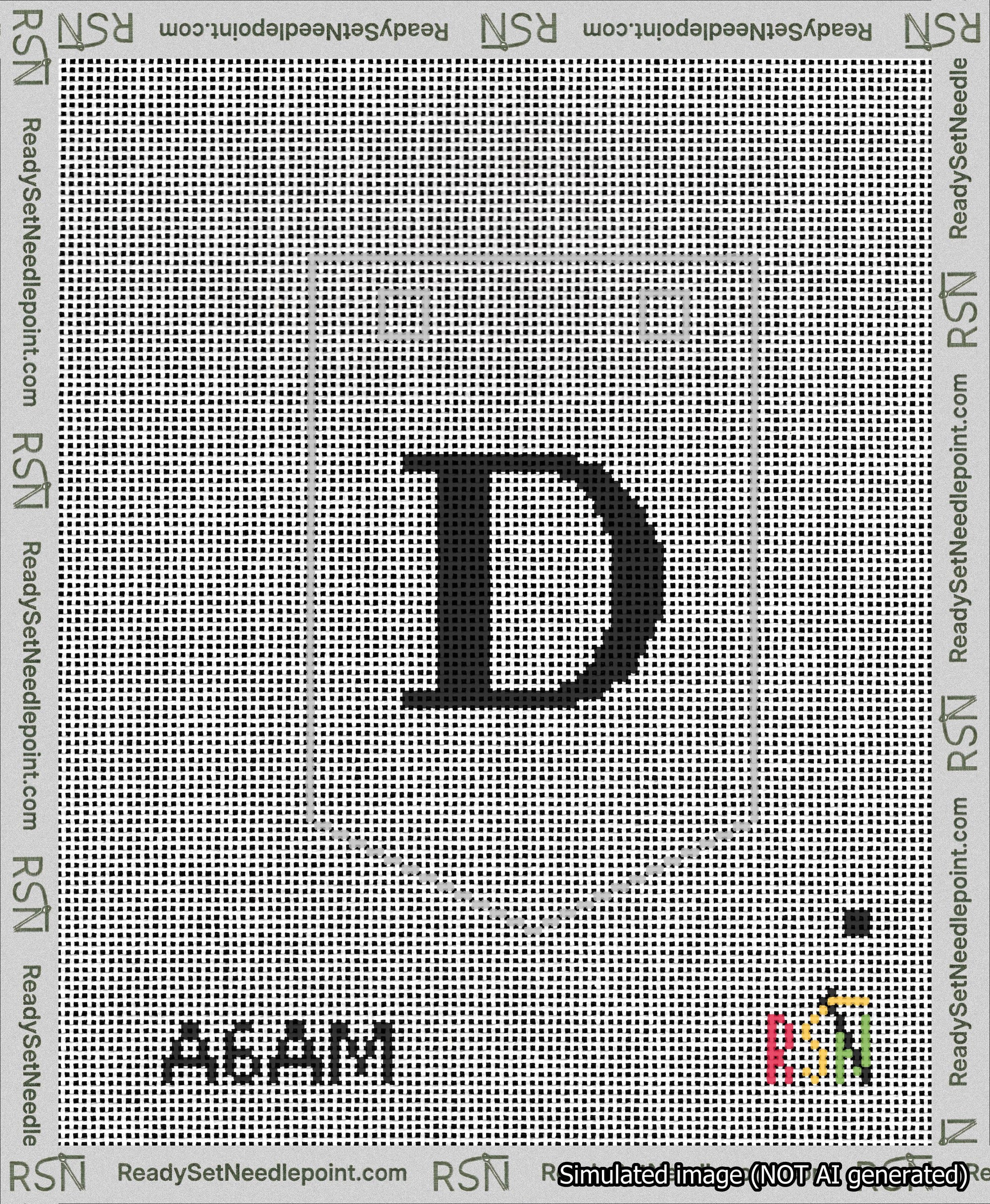 A taped needlepoint canvas with the design: Banner 13 mesh count Pointed D Black on White.