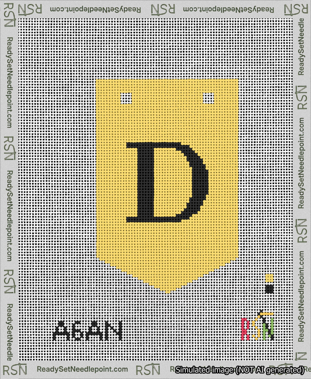 A taped needlepoint canvas with the design: Banner 13 mesh count Pointed D Black on Yellow.