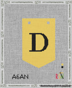 A taped needlepoint canvas with the design: Banner 13 mesh count Pointed D Black on Yellow.