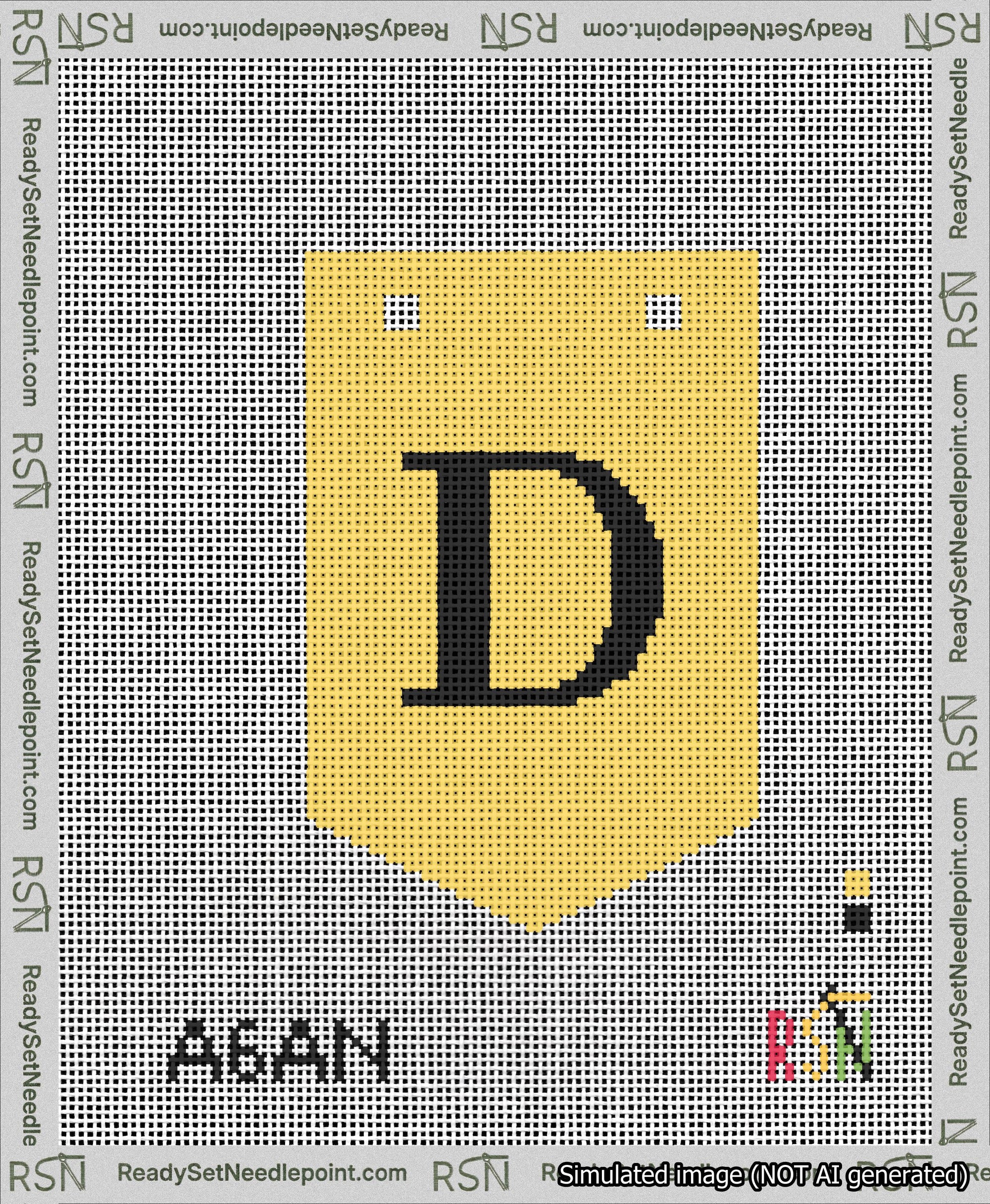 A taped needlepoint canvas with the design: Banner 13 mesh count Pointed D Black on Yellow.