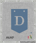 A taped needlepoint canvas with the design: Banner 13 mesh count Pointed D White on Blue.