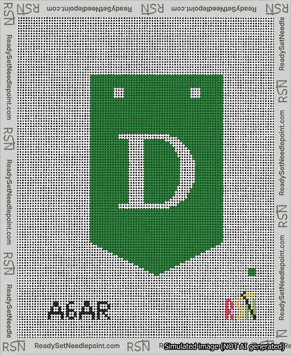 A taped needlepoint canvas with the design: Banner 13 mesh count Pointed D White on Green.