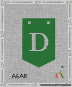 A taped needlepoint canvas with the design: Banner 13 mesh count Pointed D White on Green.