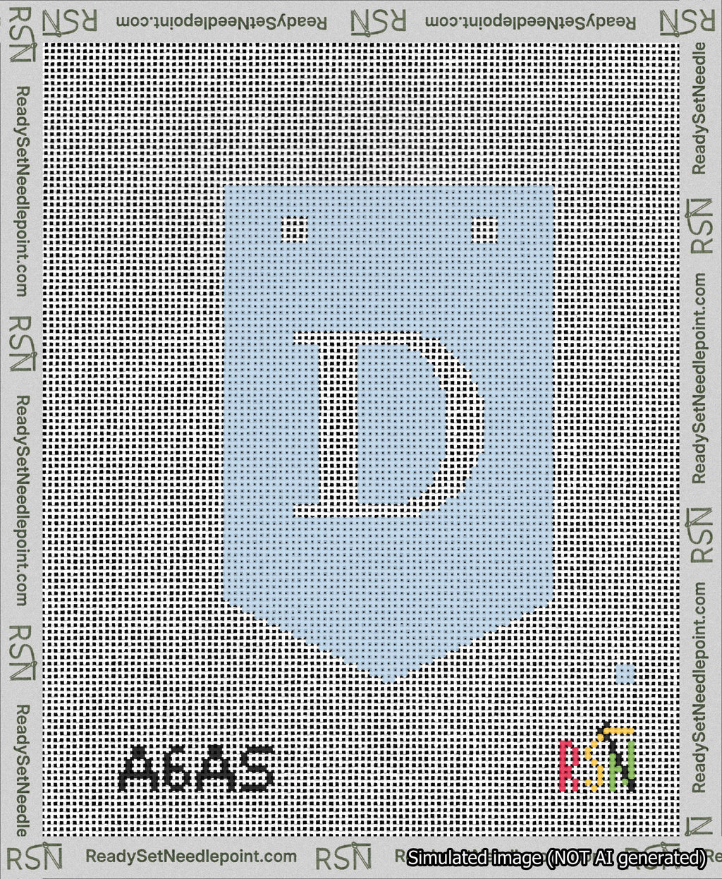 A taped needlepoint canvas with the design: Banner 13 mesh count Pointed D White on Light Blue.