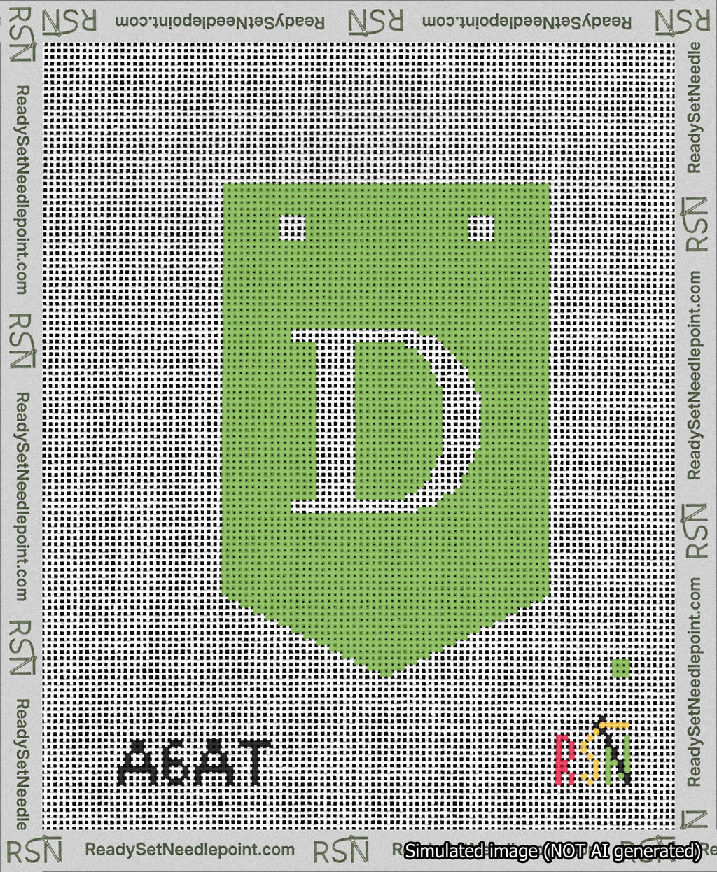 A taped needlepoint canvas with the design: Banner 13 mesh count Pointed D White on Light Green.