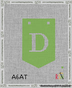 A taped needlepoint canvas with the design: Banner 13 mesh count Pointed D White on Light Green.