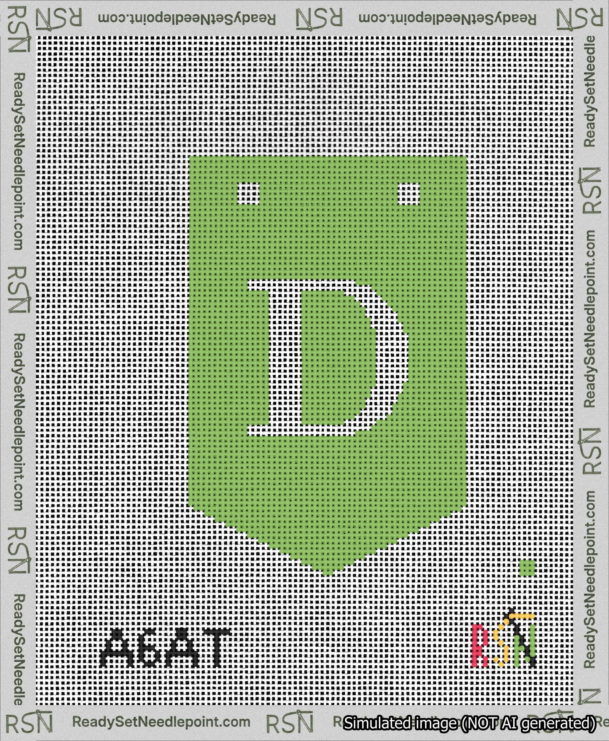 A taped needlepoint canvas with the design: Banner 13 mesh count Pointed D White on Light Green.