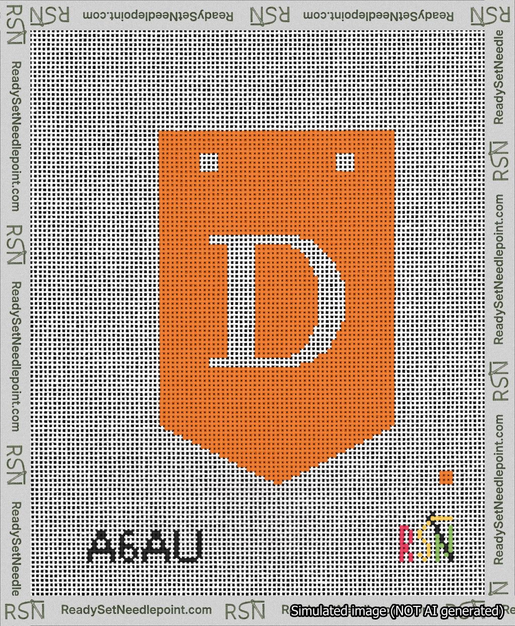 A taped needlepoint canvas with the design: Banner 13 mesh count Pointed D White on Orange.