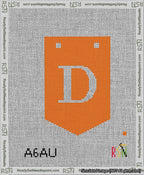 A taped needlepoint canvas with the design: Banner 13 mesh count Pointed D White on Orange.
