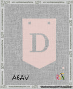 A taped needlepoint canvas with the design: Banner 13 mesh count Pointed D White on Pink.