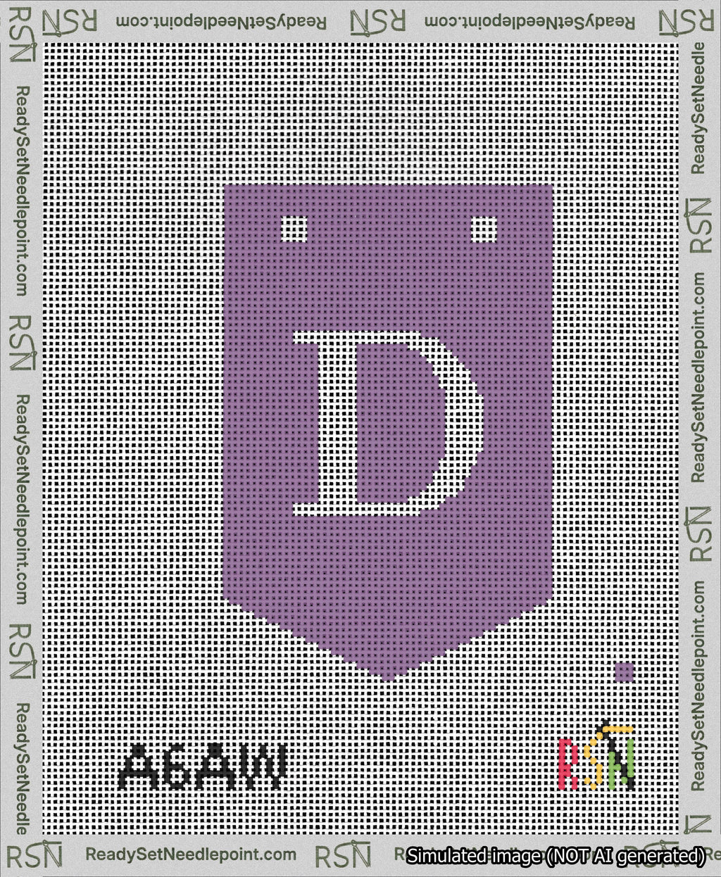 A taped needlepoint canvas with the design: Banner 13 mesh count Pointed D White on Purple.