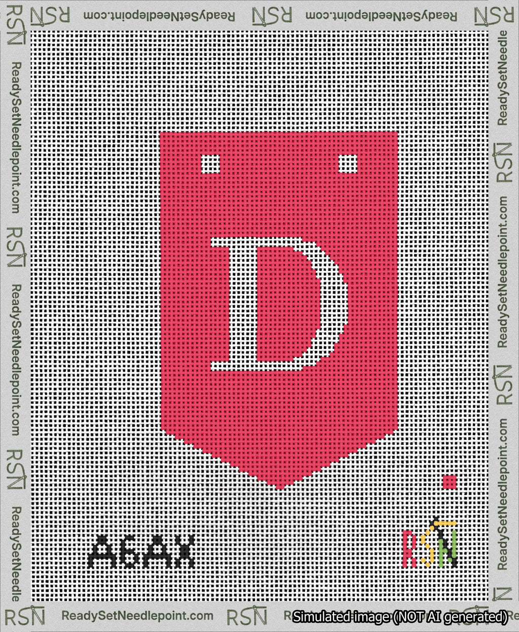 A taped needlepoint canvas with the design: Banner 13 mesh count Pointed D White on Red.