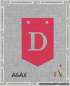 A taped needlepoint canvas with the design: Banner 13 mesh count Pointed D White on Red.