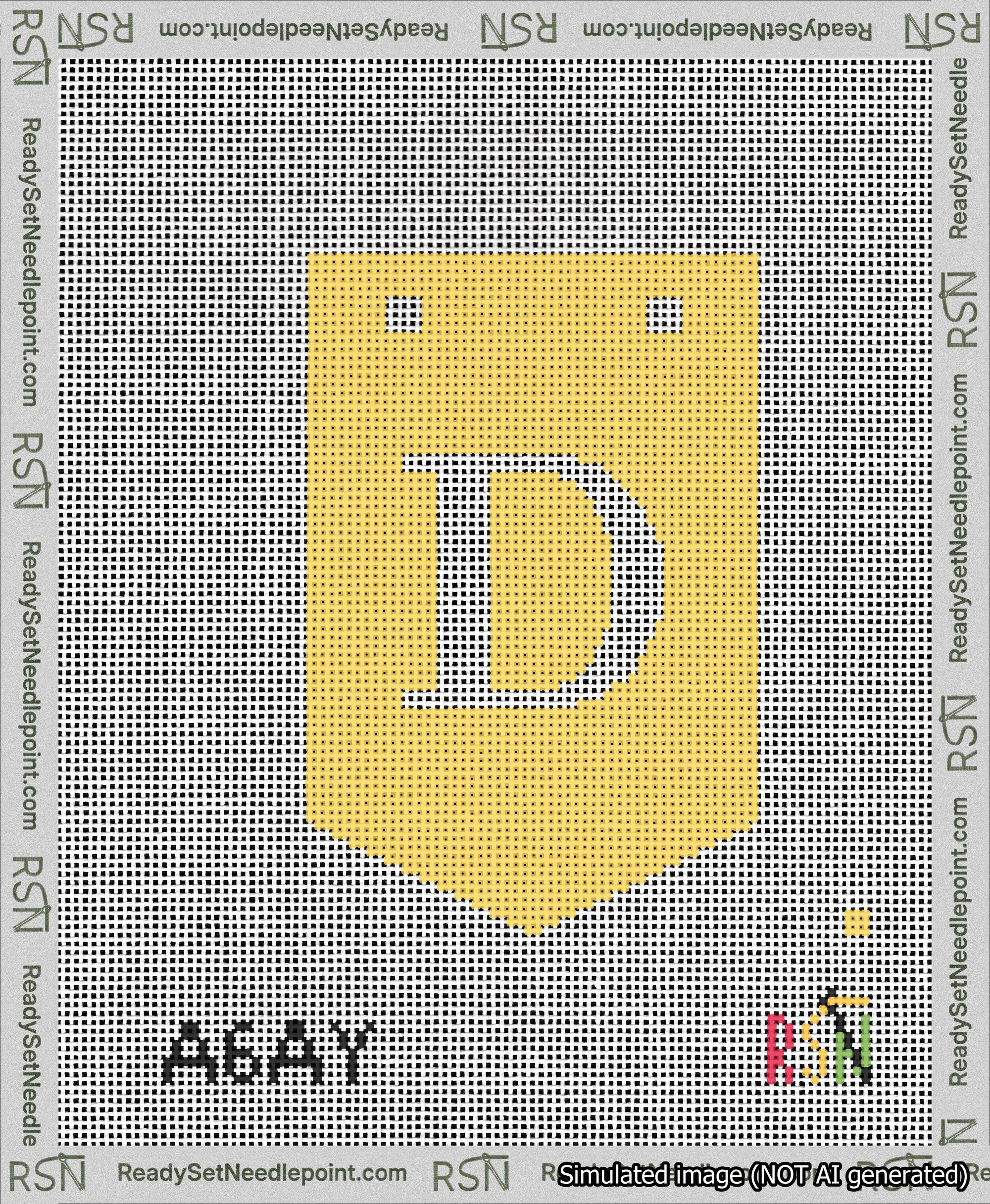 A taped needlepoint canvas with the design: Banner 13 mesh count Pointed D White on Yellow.