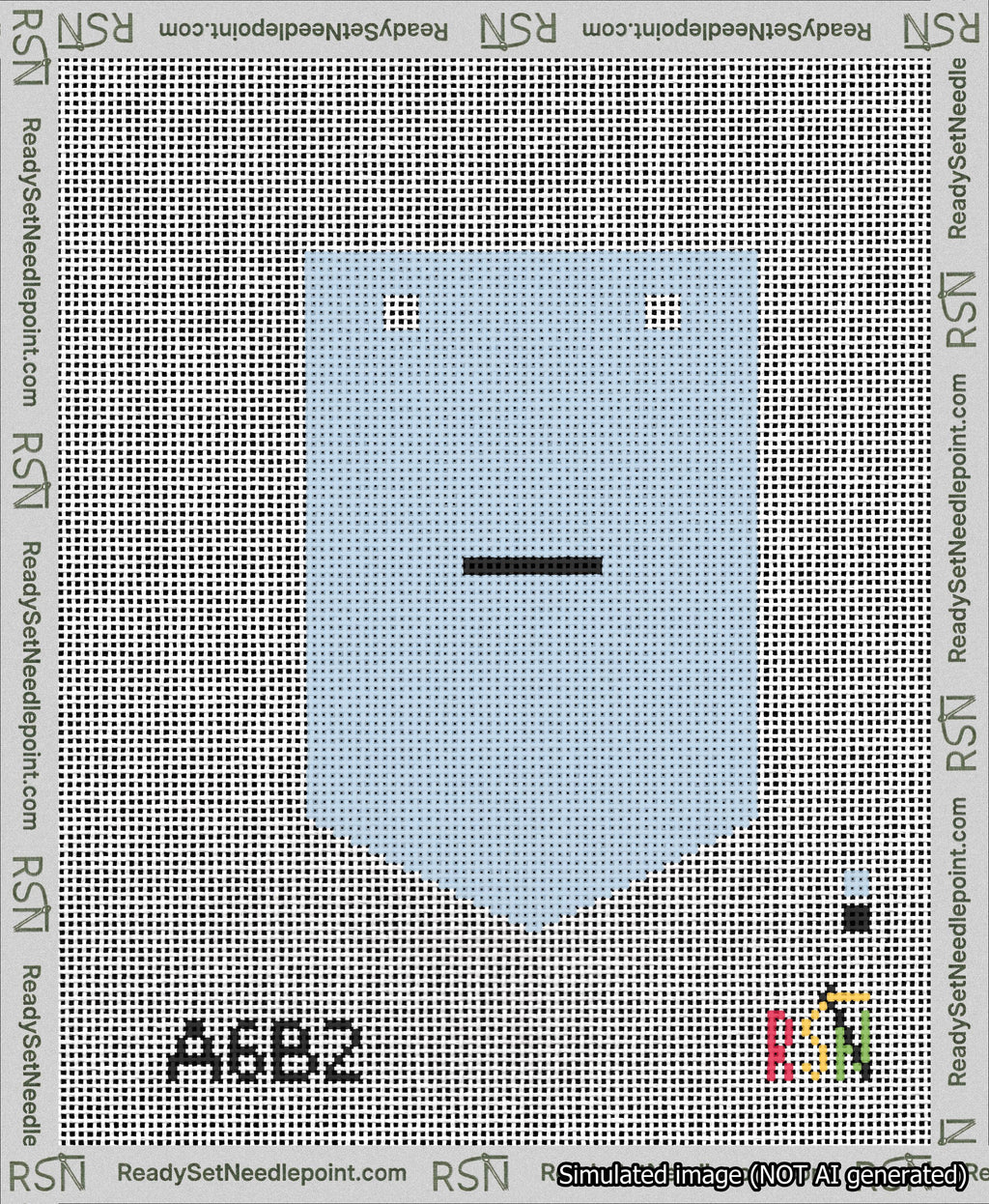 A taped needlepoint canvas with the design: Banner 13 mesh count Pointed Dash Black on Light Blue.