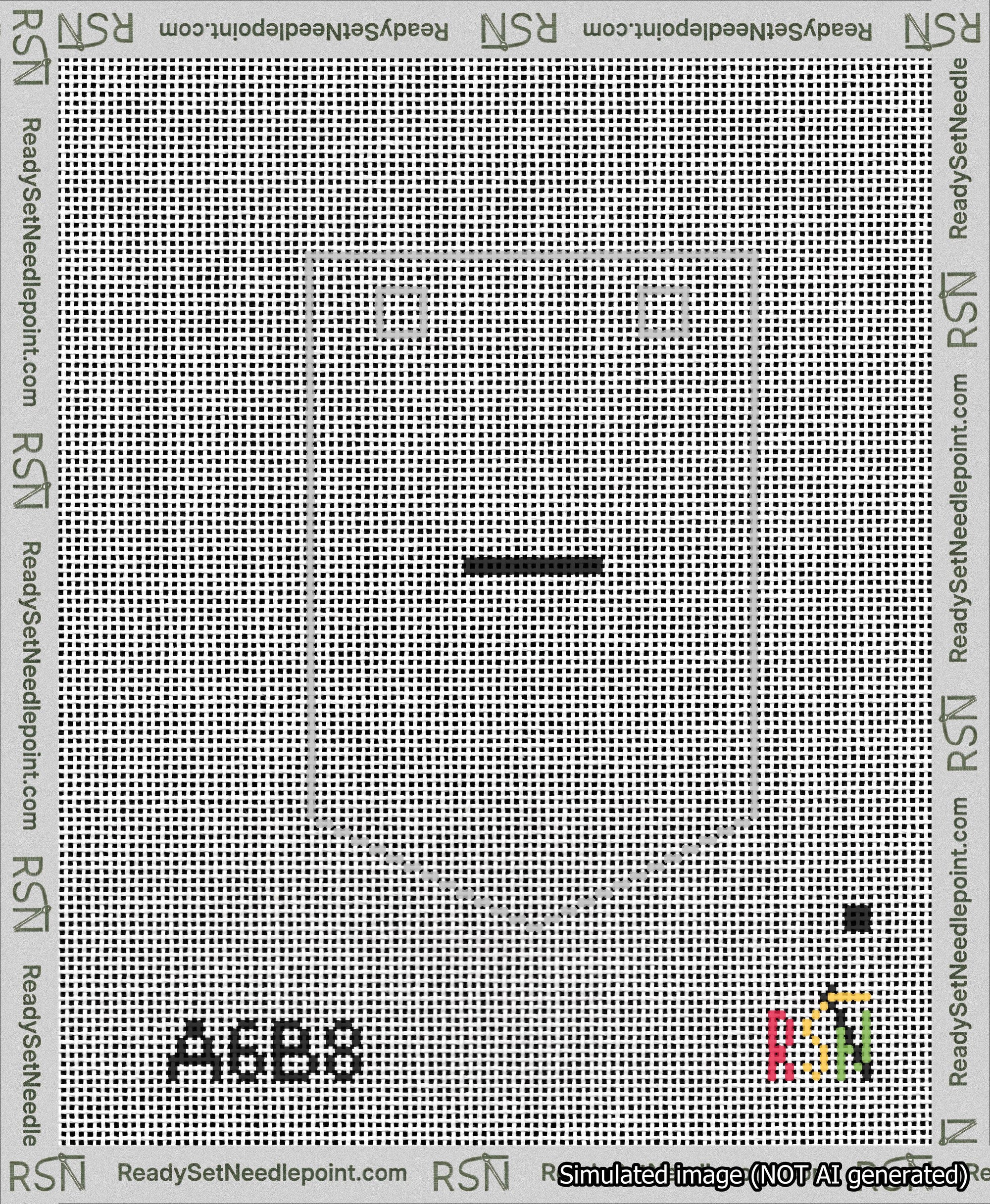 A taped needlepoint canvas with the design: Banner 13 mesh count Pointed Dash Black on White.