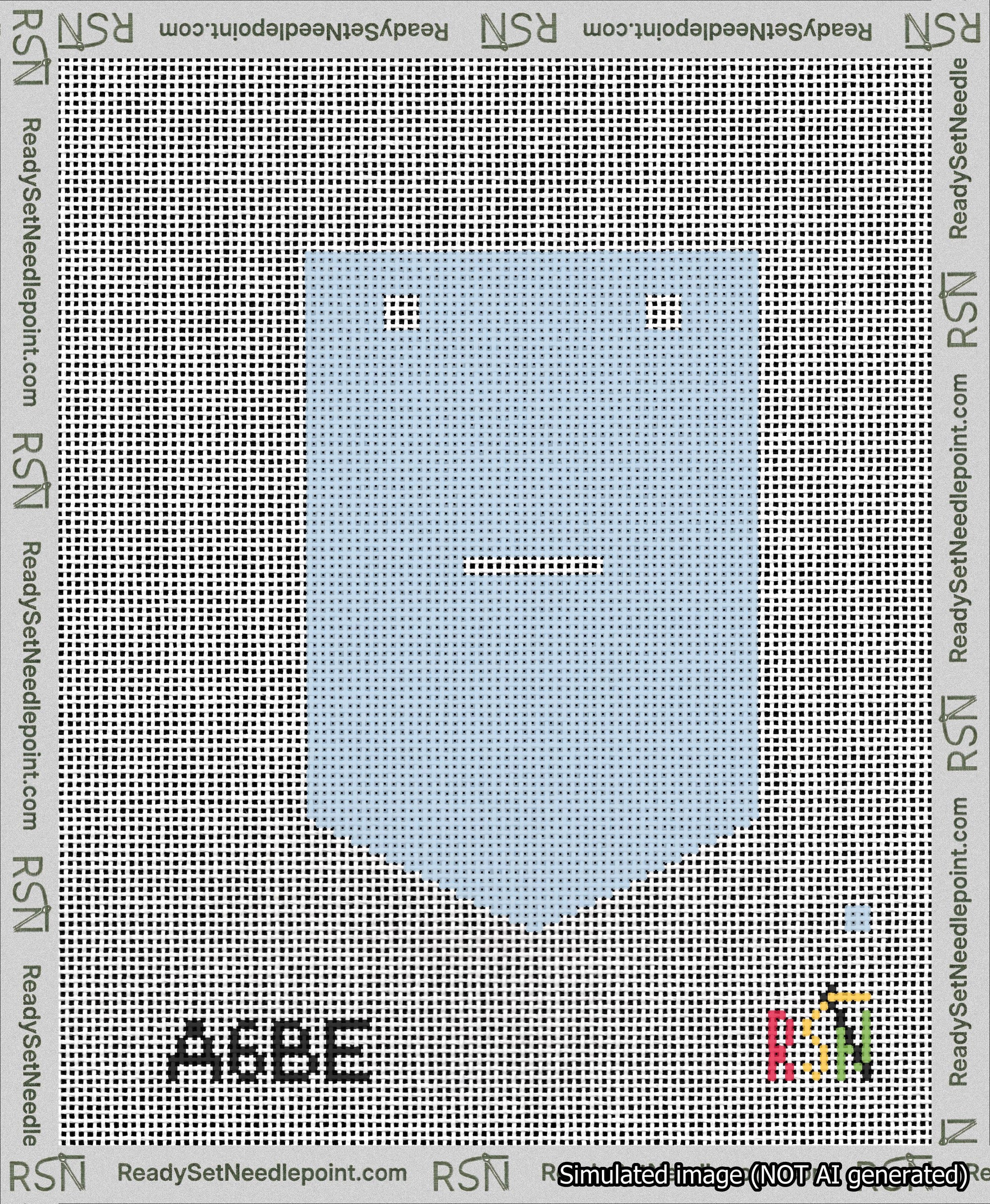 A taped needlepoint canvas with the design: Banner 13 mesh count Pointed Dash White on Light Blue.