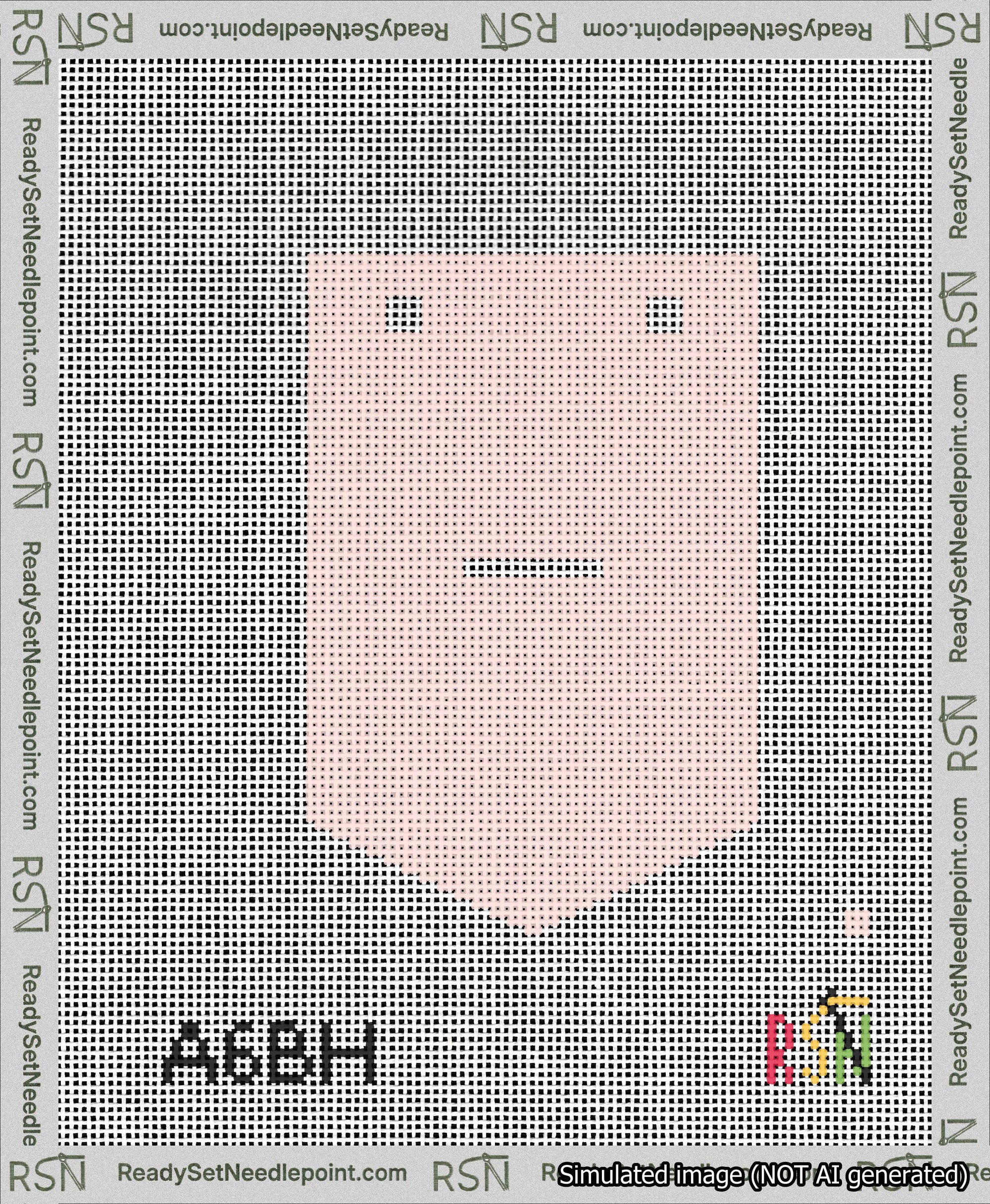 A taped needlepoint canvas with the design: Banner 13 mesh count Pointed Dash White on Pink.