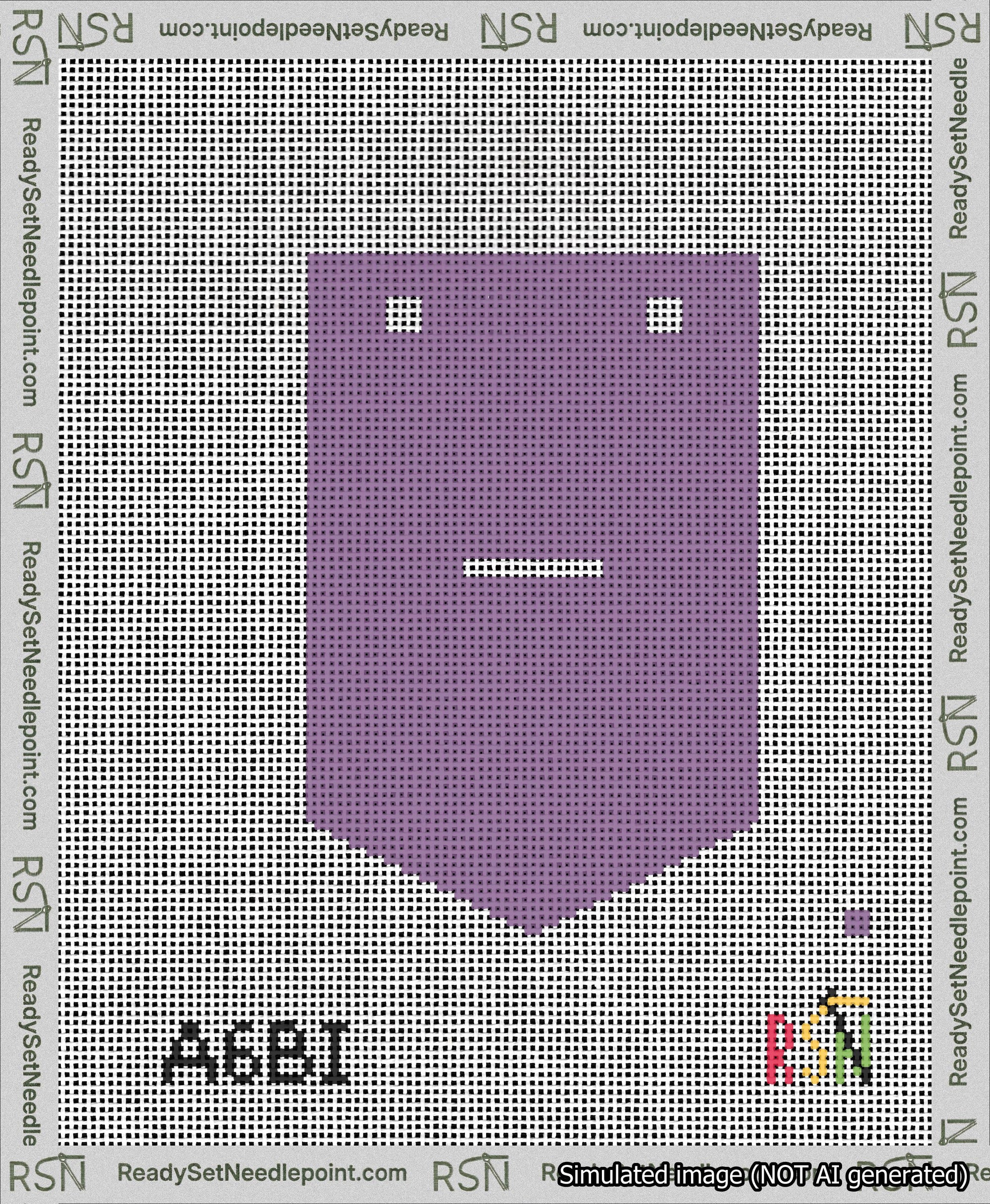 A taped needlepoint canvas with the design: Banner 13 mesh count Pointed Dash White on Purple.