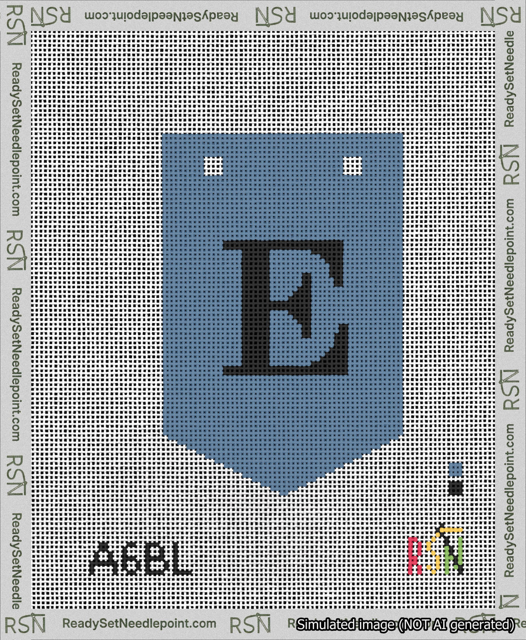A taped needlepoint canvas with the design: Banner 13 mesh count Pointed E Black on Blue.