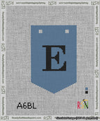 A taped needlepoint canvas with the design: Banner 13 mesh count Pointed E Black on Blue.