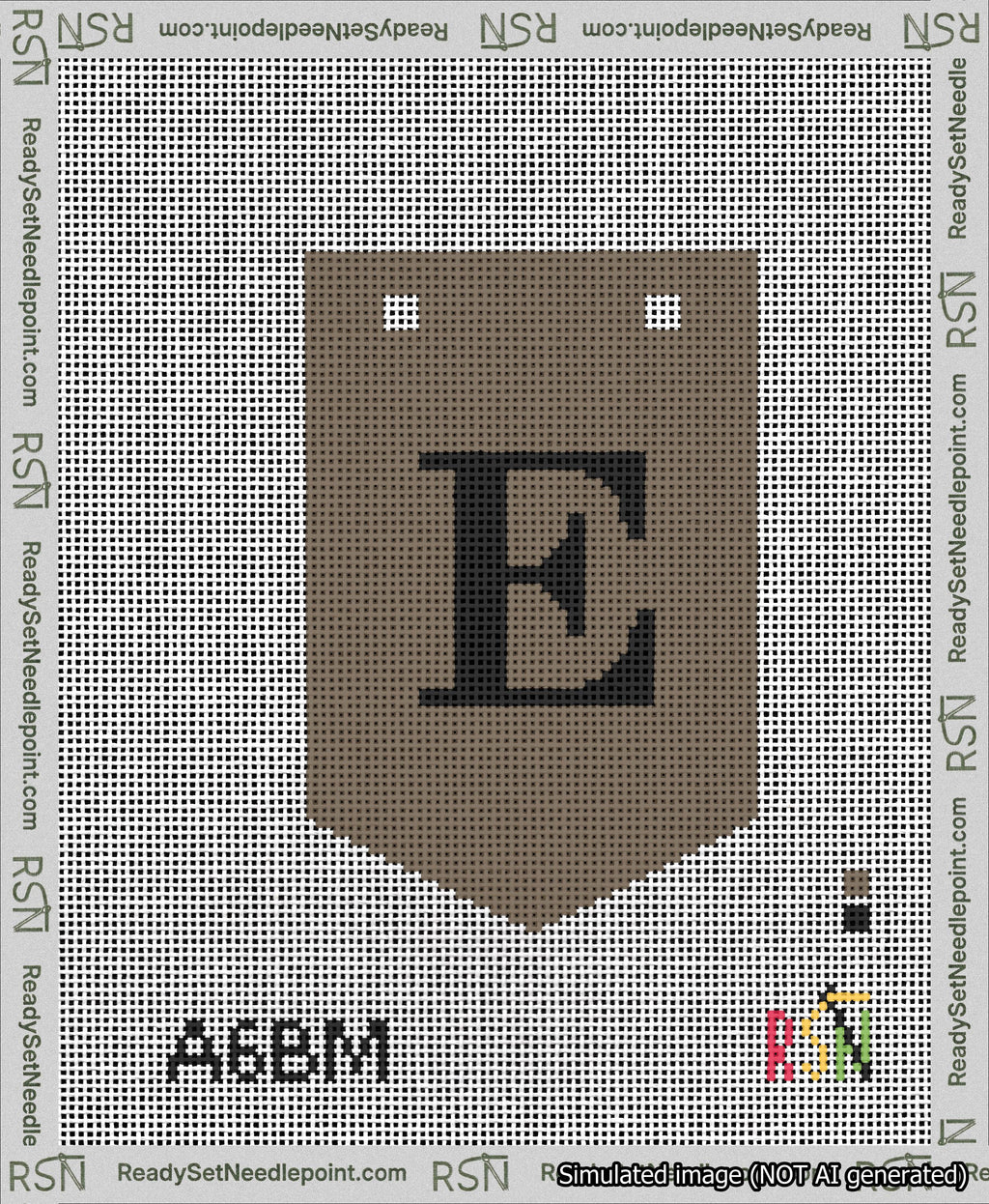 A taped needlepoint canvas with the design: Banner 13 mesh count Pointed E Black on Brown.