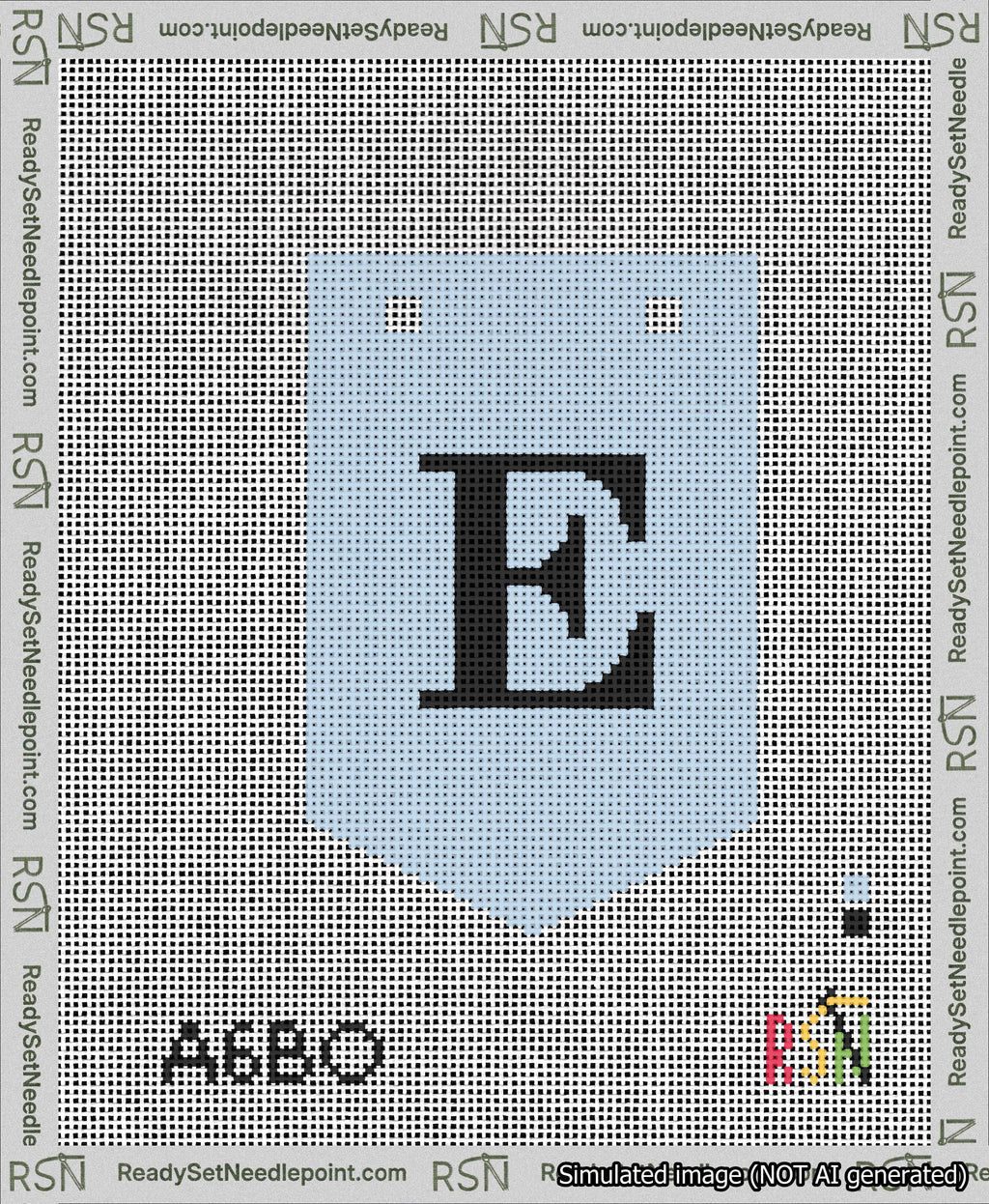 A taped needlepoint canvas with the design: Banner 13 mesh count Pointed E Black on Light Blue.