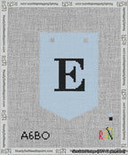 A taped needlepoint canvas with the design: Banner 13 mesh count Pointed E Black on Light Blue.