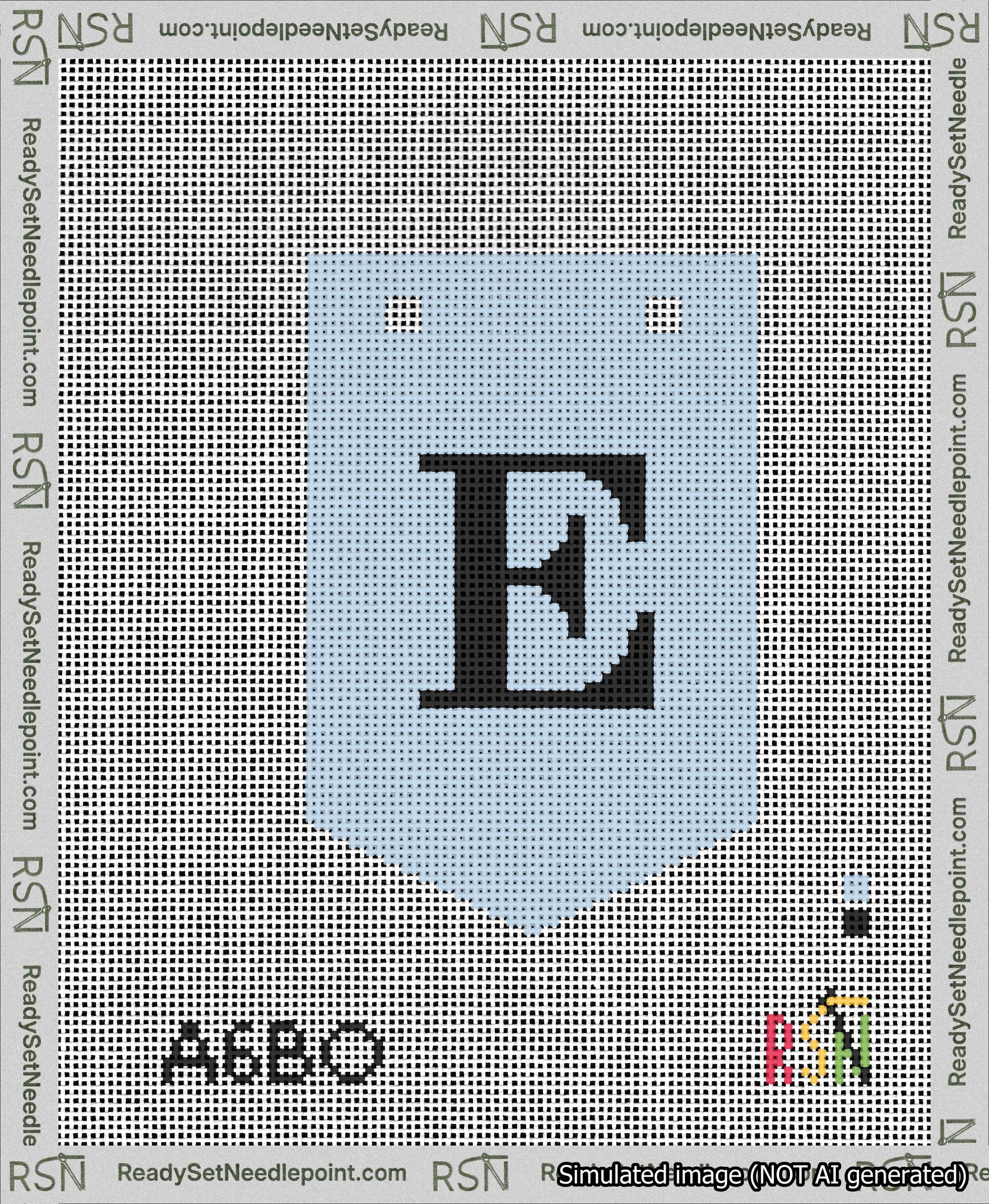 A taped needlepoint canvas with the design: Banner 13 mesh count Pointed E Black on Light Blue.
