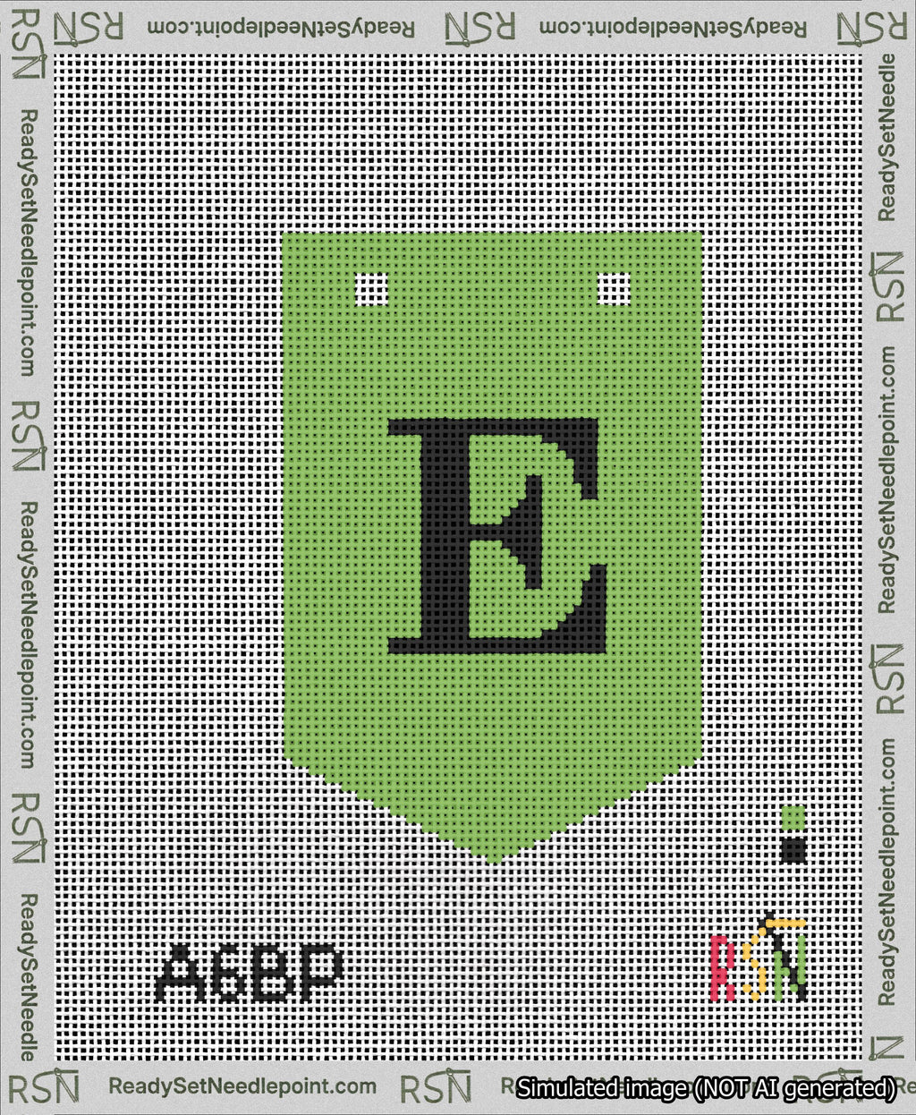 A taped needlepoint canvas with the design: Banner 13 mesh count Pointed E Black on Light Green.